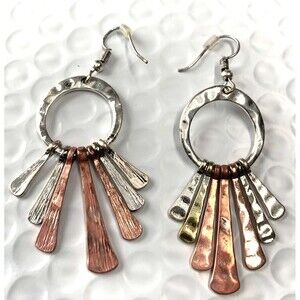 Hammered Copper & Stainless Wie Wrapped Earrings Handmade 3"Lx1" Diameter
